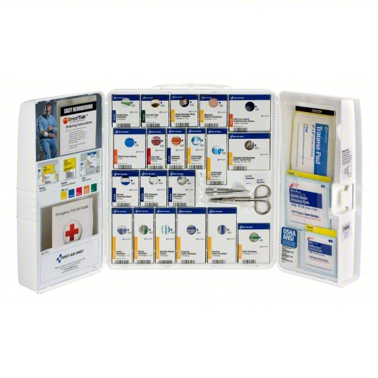 First Aid Kit and Housing: Gen Purpose, 50 People Served, 206 Components, Plastic (40JH18)