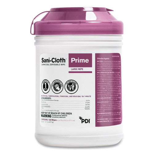 Sani-Cloth Prime Germicidal Disposable Wipes, Large, 1-Ply, 6 x 6.75, Unscented, White, 160/Canister, 12 Canisters/Carton (P25372)