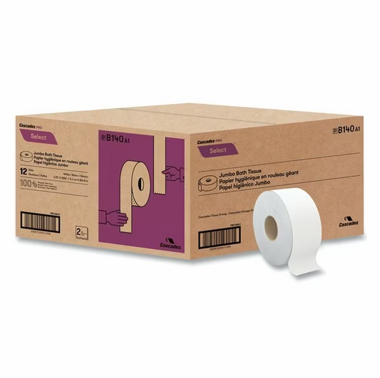 Cascades Select Jumbo Bath Tissue, Septic Safe, 2-Ply, White, 3.3" x 750 ft, 12/Carton (B230)