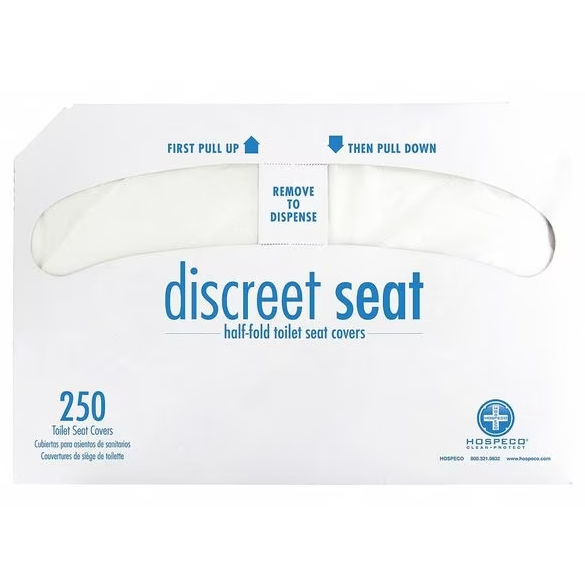 Hospeco Toilet Seat Covers, Discreet Seat, 1/2 Fold, 16 3/4 in x 14 1/2 in, 250 Sheets/Pack, White, 20 Pack (DS-5000)