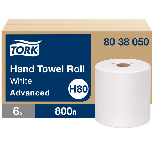 Tork Advanced Hand Towel Roll, Notched, 1-Ply, 8" x 800 ft, White, 6 Rolls/Carton (8038050)