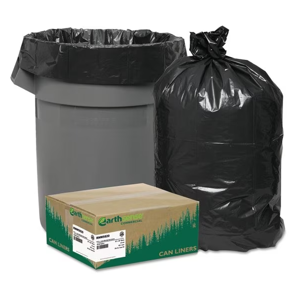Earthsense Linear Low Density Recycled Can Liners, 60 gal, 2 mil, 38" x 58", Black, 10 Bags/Roll, 10 Rolls/Carton (RNW5820)