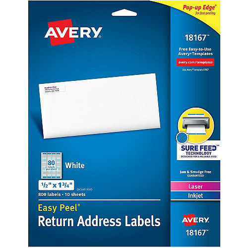 Avery® Laser & Inkjet Return Address Labels 1/2" Width x 1 3/4" Length - Permanent Adhesive - Rectangle - Inkjet, Laser - Matte White - Matte - Paper - Permanent Adhesive, Peel & Stick, Smudge-free, Jam Resistant, Stick & Stay - 80 / Sheet - 8 (18167)