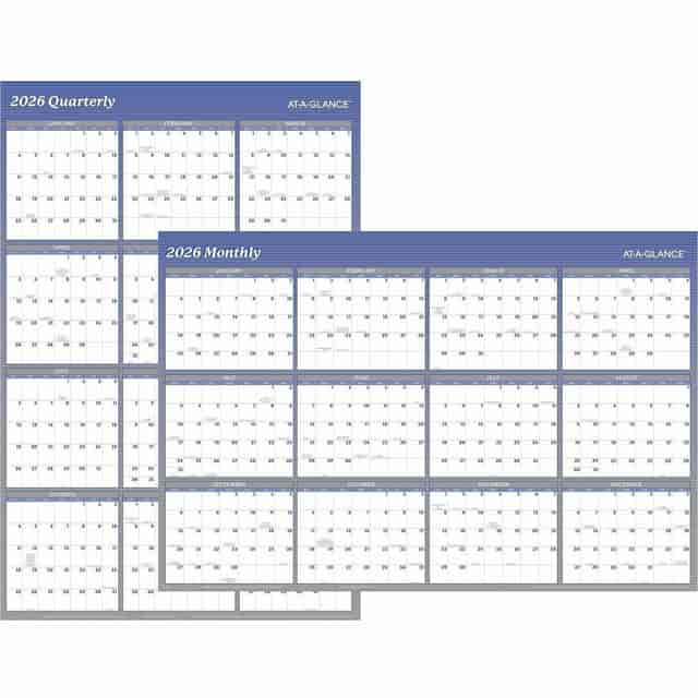 At-A-Glance Vertical Horizontal Reversible Erasable Wall Calendar, Extra Large, Yearly, 12 Month, January 2026 to December 2026, 48" x 32" Sheet Size, White Sheet, Blue, Laminate (AAGA1152-26)