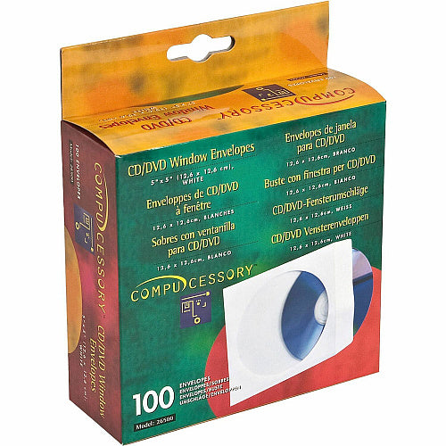 Compucessory CD/DVD White Window Envelopes CD/DVD - 5" Width x 5" Length - White - 100 / Box (CCS26500)