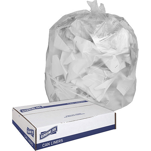 Genuine Joe Clear Linear Low-Density Can Liners, 30 gal, 0.6 mil, 30 x 36 in, Clear, 250/Carton (GJO01012)