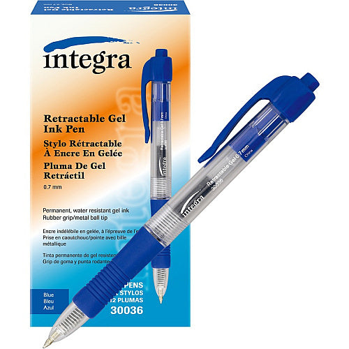 Integra Retractable 0.7mm Gel Pens 0.7 mm Medium Pen Point - Retractable - Blue Ink - Gel-based - Clear Barrel - Metal Tip - 1 Dozen (ITA30036)