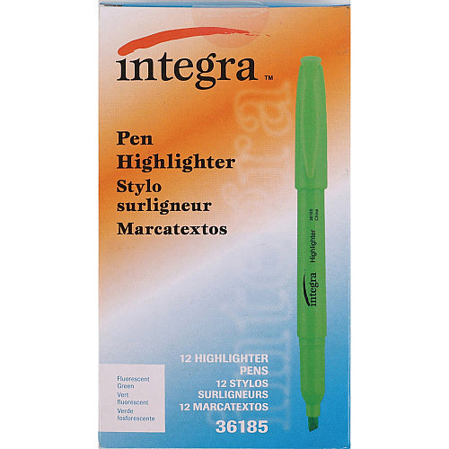 Integra Pen Style Fluorescent Highlighters Chisel Marker Point - Green Ink - 1 Dozen (ITA36185)