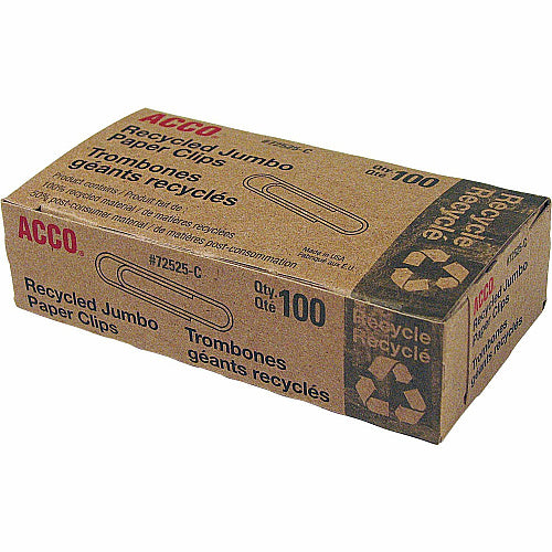 Acco® Recycled Paper Clips, Jumbo, 100/Box, 10 Boxes/Pack Jumbo - 1.6" Length - 20 Sheet Capacity - Reusable, Durable - Silver - Metal - 100 / Box (72525)