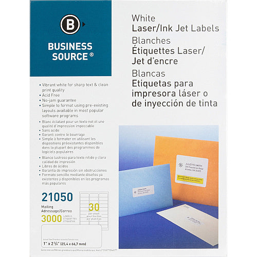 Business Source Bright White Premium-quality Address Labels 1" Width x 2 5/8" Length - Permanent Adhesive - Rectangle - Laser, Inkjet - White - Jam-free - 30 / Sheet - 100 Total Sheets - 3000 / Pack (BSN21050)