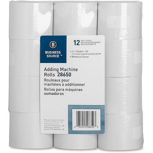 Business Source 150' Adding Machine Rolls 2 1/4" x 150 ft - Sustainable Forestry Initiative (SFI) - Lint-free - White - 12 / Pack (SPRSC0063)