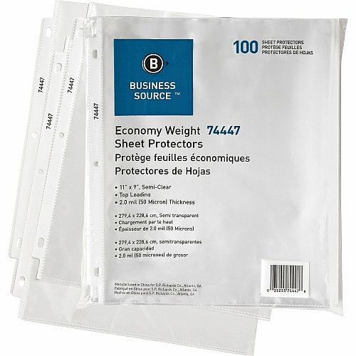 Business Source Economy Weight Sheet Protectors 11" Height x 9" Width x 2 mil Thickness - For Letter 8 1/2" x 11" Sheet - Ring Binder - Rectangular - Semi Clear - Polypropylene - 100 / Pack (BSN74447)