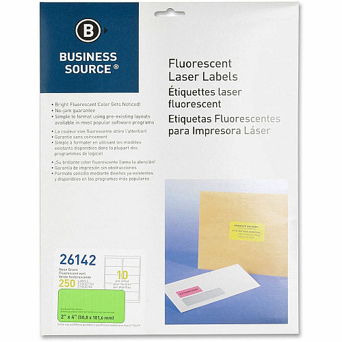Business Source Neon Labels 2" Width x 4" Length - Permanent Adhesive - Rectangle - Laser - Neon Green - Jam-free, Pressure Sensitive - 10 / Sheet - 250 / Pack (BSN26142)