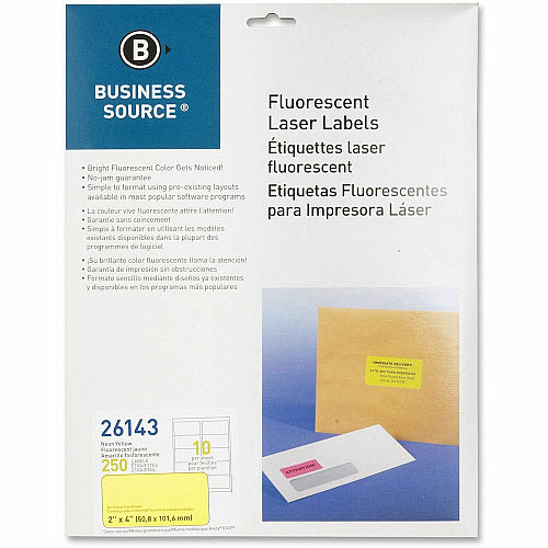 Business Source Neon Labels 2" Width x 4" Length - Permanent Adhesive - Rectangle - Laser - Neon Yellow - Jam-free, Pressure Sensitive - 10 / Sheet - 250 / Pack (BSN26143)