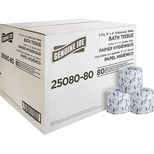 Genuine Joe® Standard Toilet Paper, 2-Ply, 550 Sheets, 80 Rolls 2 Ply - 4" Width x 4" Length - 550 Sheets/Roll - 1 5/8" Core - White - 80 / Carton (GJO2508080)