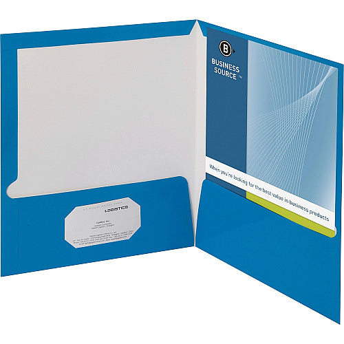 Business Source Letter Pocket Folder 8 1/2" x 11" - 100 Sheets Capacity - 2 Internal Pocket(s) - Blue - Laminated, Durable, Die-cut - 25 / Box (BSN44423)