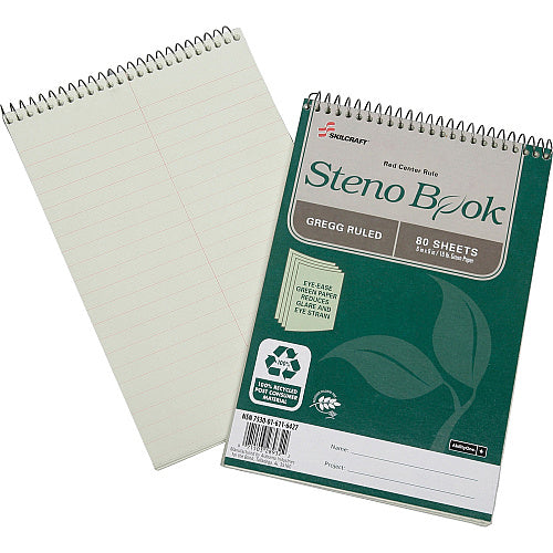 AbilityOne SKILCRAFT 100% Recycled Steno Books 80 Sheets - Gregg Ruled - 16 lb Basis Weight - 6" x 9" - Green Tint Paper - Chlorine-free - Recycled - 6 / Pack (NSN6116427-12CT)