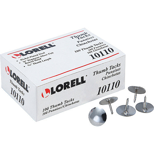 Lorell 5/16" Long Thumb Tacks 0.31" Shank - 0.38" Head - for Schedule, Wall - Silver - Nickel Plated Steel - 100 / Pack (LLR10110)