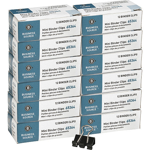 Business Source Fold-back Binder Clips Mini - 0.6" Width - 0.25" Size Capacity - for Paper - Black - Tempered Steel - 1 Dozen/Pack - 12 / Box (BSN65364BX)