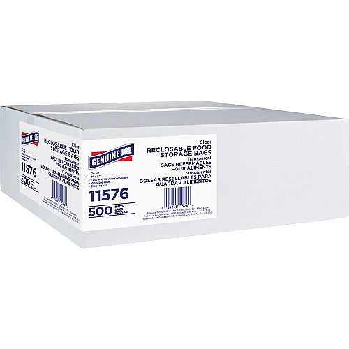Genuine Joe Food Storage Bags 1 quart Capacity - 8" Length x 7" Width x 1.75 mil (44 Micron) Thickness - Zipper Closure - Clear - Food, Beef, Poultry, Vegetables, Seafood - 500 / Box (GJO11576)