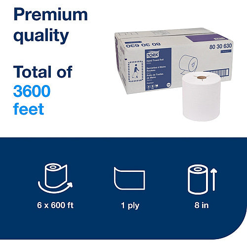 Tork® Premium Hardwound Roll Paper Towels, White, 600-ft., 6 Rolls (TRK8030630)