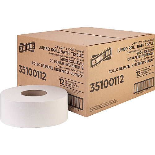 Genuine Joe® Jumbo Jr. Toilet Paper, 2-Ply, 1000-ft. Roll, 12 Rolls 2 Ply - 3.30" Width x 1000 ft Length - 8.88" Roll Diameter - White - Fiber - 12 / Carton (GJO35100112)
