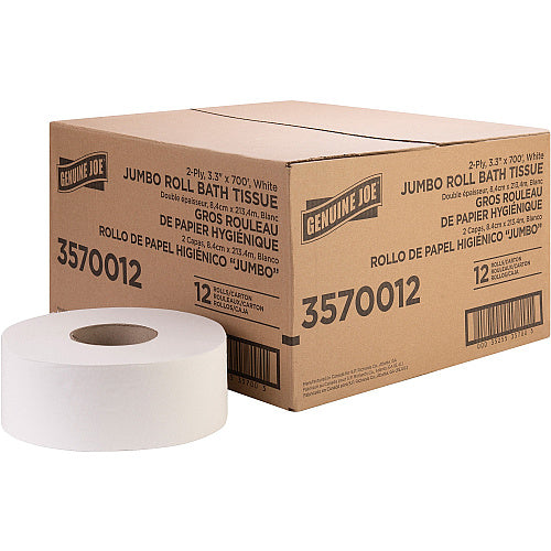 Genuine Joe® Jumbo Jr. Toilet Paper Roll, 2-Ply, 700-ft., 12 Rolls 2 Ply - 3.30" Width x 700 ft Length - 8.88" Roll Diameter - White - Fiber - 12 / Carton (GJO3570012)