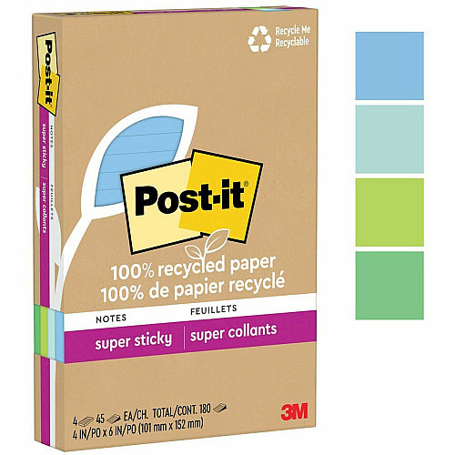 Post-it® Super Sticky Adhesive Note 180 - 4" Flag/Note Width x 6" Flag/Note Length - 45 Sheets per Pad - Assorted Oasis - Removable, Repositionable, Recyclable - Recycled - 4 / Pack (MMM4621R4SST-4PK)