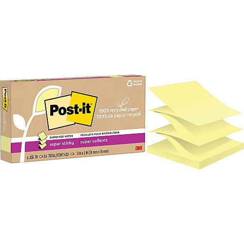 Post-it® Super Sticky Adhesive Note 420 x Canary Yellow - 3" Flag/Note Width x 3" Flag/Note Length - Square - 70 Sheets per Pad - Canary Yellow - Removable, Repositionable, Recyclable, Pop-up - Recycled - 6 / Pack (MMMR330R6SSCY)