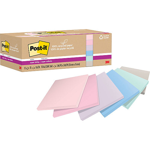 Post-it® Recycled Super Sticky Notes 70 - 3" Flag/Note Width x 3" Flag/Note Length - Square - 70 Sheets per Pad - Wanderlust Pastels - Adhesive - Recycled - 12 / Pack (MMM654R12SSNRP)