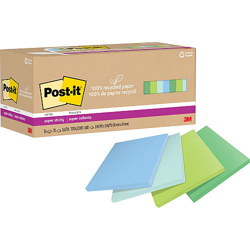 Post-it® Recycled Super Sticky Notes 70 - 3" Flag/Note Width x 3" Flag/Note Length - Square - 70 Sheets per Pad - Unruled - Assorted Oasis - Paper - Adhesive - Recycled - 24 / Pack (MMM654R24SSTCP)