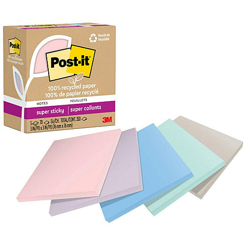 Post-it® Recycled Super Sticky Notes 70 - 3" Flag/Note Width x 3" Flag/Note Length - Square - 70 Sheets per Pad - Wanderlust Pastels - Adhesive - Recycled - 5 / Pack (MMM654R5SSNRP)