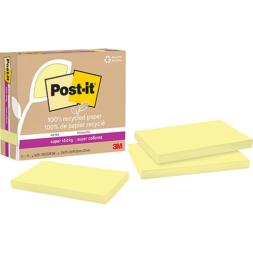 Post-it® Recycled Super Sticky Notes 90 - 3" Flag/Note Width x 5" Flag/Note Length - Rectangle - 90 Sheets per Pad - Canary Yellow - Adhesive - Recycled - 12 / Pack (MMM655R12SSCY)