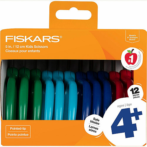 Fiskars 5" Pointed-tip Kids Scissors Safety Edge Blade - Pointed Tip - Assorted - 12 / Pack (1067002)