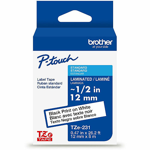 1/2" Black Print on White Label Tape x 15/32" Width - Tape - Rectangle - White - Polyethylene Terephthalate (PET) - Water Resistant - Laminated - Easy Peel, Abrasion Resistant, Chemical Resistant, Fade Resistant, Sunlight Resista (BRTTZE231G)
