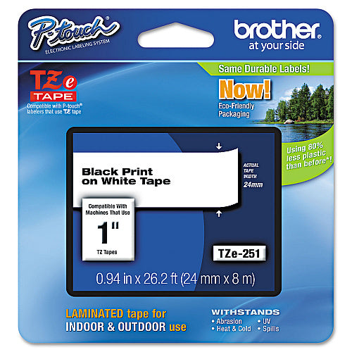 Brother TZe Standard Adhesive Laminated Labeling Tape, 0.94" x 26.2 ft, Black on White (BRTTZE251)