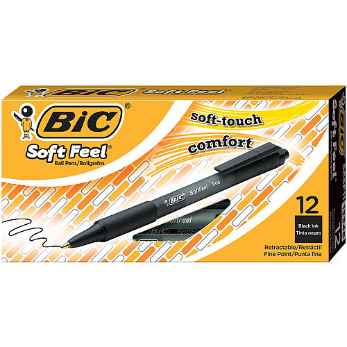 BIC SoftFeel Retractable Ball Pens Fine Pen Point - Retractable - Black Ink - Black Rubber Barrel - 1 Dozen (BICSCSF11BK)