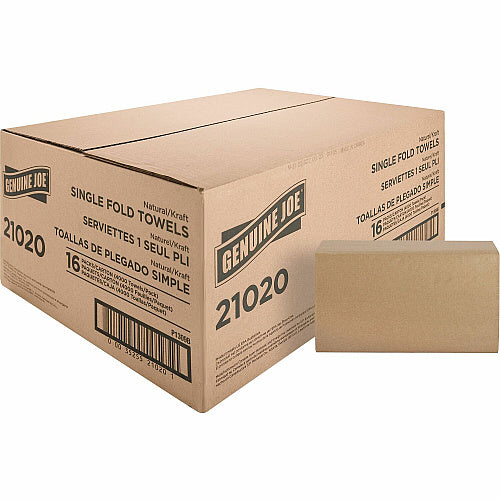 Genuine Joe® Single Fold Paper Towels, 1-Ply Brown, 10.25" x 9.10", 250/Pack, 16 Packs (GJO21020)
