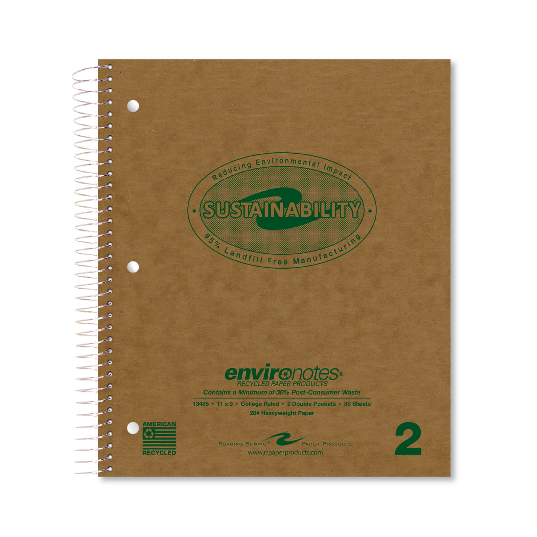 Environotes® Recycled Two Subject Wirebound Notebook with Heavyweight Paper and Two Double Pockets, College Ruled (ROA13485)