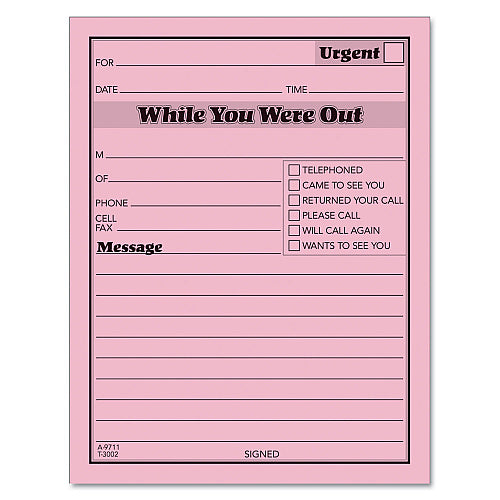 TOPS Pink Message Pad, One-Part (No Copies), 4.25 x 5.5, 50 Forms/Pad, 12 Pads/Pack (TOP3002P)