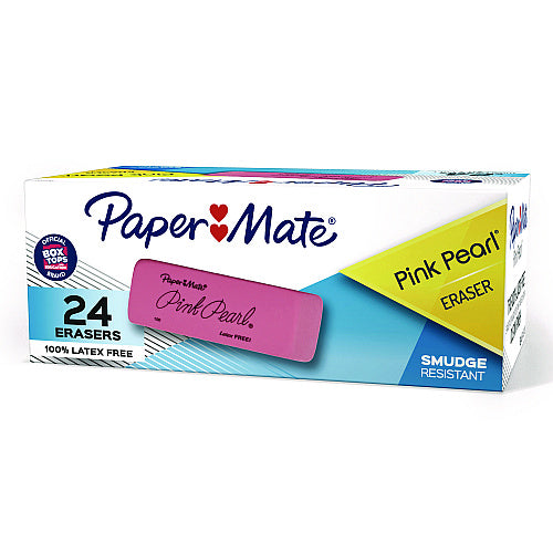 Paper Mate Pink Pearl Eraser, For Pencil Marks, Rectangular Block, Medium, Pink, 24/Box (70520)