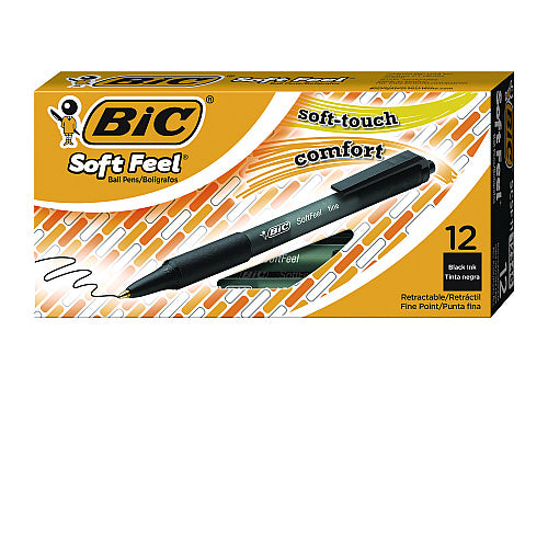 BIC Soft Feel Ballpoint Pen, Retractable, Medium 1 mm, Black Ink, Black Barrel, Dozen (SCSM11BK)