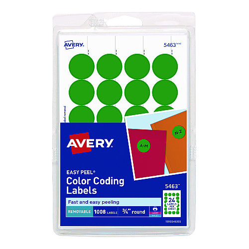 Avery Printable Self-Adhesive Removable Color-Coding Labels, 0.75" dia, Green, 24/Sheet, 42 Sheets/Pack, (5463) (05463)
