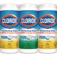 CLOROX Disinfecting Wipes, 1-Ply, 7 x 8, Fresh Scent/Citrus Blend, White, 35/Canister, 3 Canisters/Pack (CLO30112)