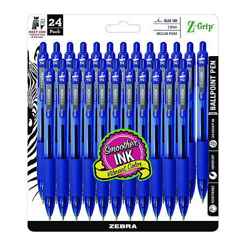 Zebra Z-Grip Ballpoint Pen, Retractable, Medium 1 mm, Blue Ink, Translucent Blue/Blue Barrel, 24/Pack (ZEB12225)