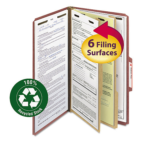 Smead Recycled Pressboard Classification Folders, 2" Expansion, 2 Dividers, 6 Fasteners, Legal Size, Red Exterior, 10/Box (SMD19023)