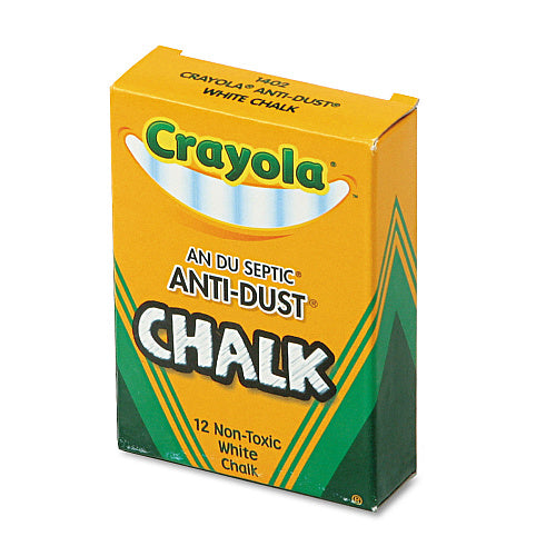 Crayola Nontoxic Anti-Dust Chalk, 3" x 0.31" Diameter, White, 12 Sticks/Box (CYO501402)