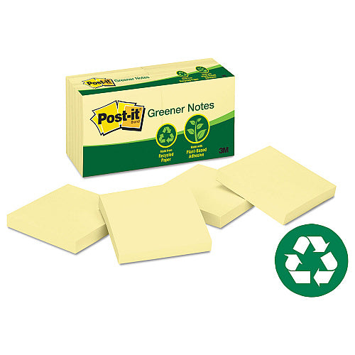 Post-it Original Recycled Note Pads, 3" x 3", Canary Yellow, 100 Sheets/Pad, 12 Pads/Pack (MMM654RPYW)
