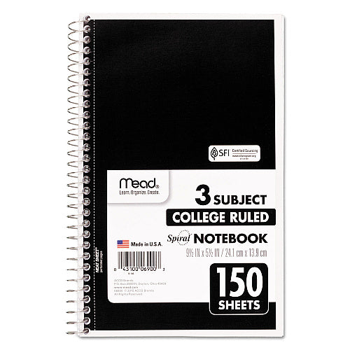 Mead Spiral Notebook, 3-Subject, Medium/College Rule, Randomly Assorted Cover Color, (150) 9.5 x 5.5 Sheets (MEA06900)
