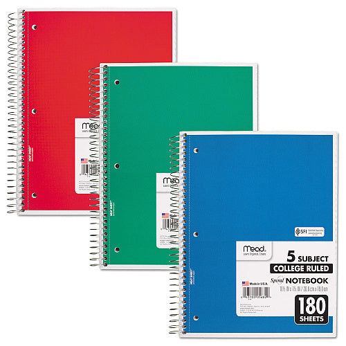 Mead Spiral Notebook, 5-Subject, Medium/College Rule, Randomly Assorted Cover Color, (180) 10.5 x 8 Sheets (MEA05682)